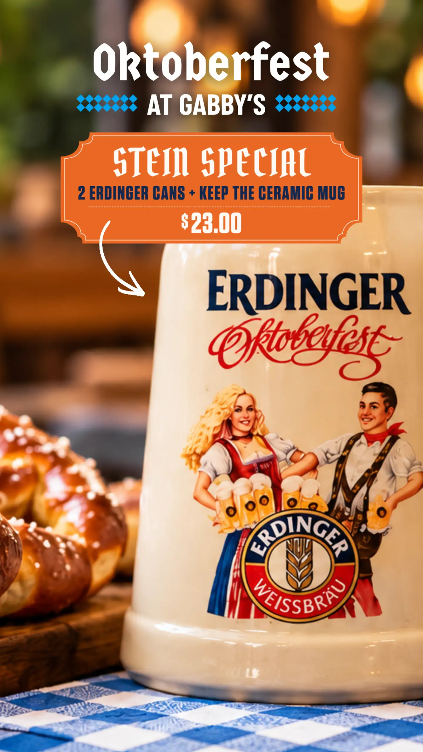 Oktober Fest at Gabby's - Stein Sepcial 2 Erdinger Cans - Keep the ceramic cup only for $23.00