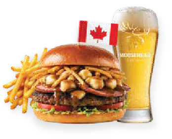 Canada-inspired beef burger with maple peameal bacon, cheese curds, Hickory
Sticks, brown gravy, lettuce, and tomato at Gabby’s