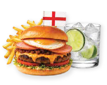 England-inspired beef burger with marble cheese, peameal bacon, HP mayo,
caramelized onions, lettuce, tomato, and fried egg at Gabby’s