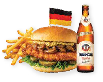 Germany-inspired chicken schnitzel sandwich with beer-braised onions, honey
Dijon, lettuce, and pickles at Gabby’s