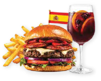 Spain-inspired beef burger with chorizo, roasted red peppers, spring mix, red onion,
tomato, and garlic aioli at Gabby’s